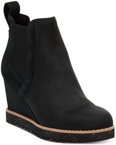 TOMS Maddie Boot Leather Almond Toe Wedge Boots - Black