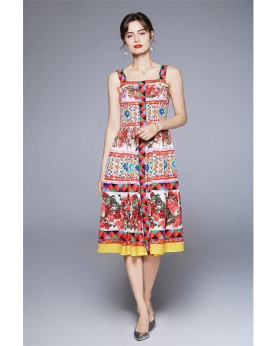 Kaimilan Color Day A-line Strap Below Knee Printed Dress - Multicolor
