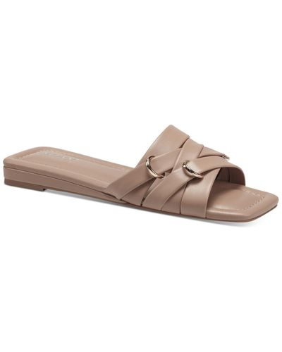 Alfani Ivyy Faux Leather Square Toe Slide Sandals - Brown