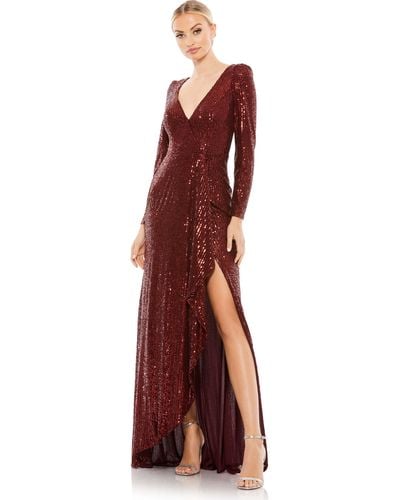 Ieena for Mac Duggal Sequined Faux Wrap Long Sleeve Gown - Purple