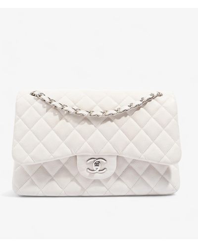 Chanel Large Classic Flap Caviar Leather Shoulder Bag - White
