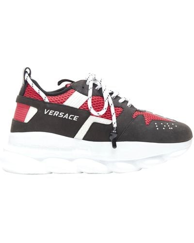 Versace New Chain Reaction Black Suede Fuschia Red Low Chunky Sneaker Eu37 Us7
