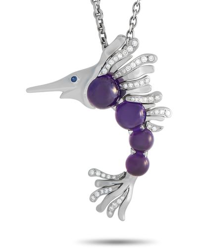 Chanel 18k White Gold 1.25ct Diamond And Amethyst Swordfish Pin And Necklace - Purple