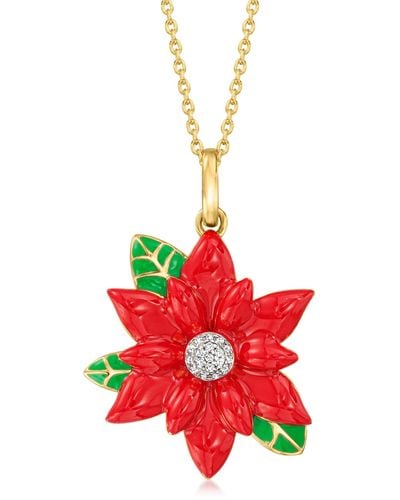 Ross-Simons Red And Green Enamel Poinsettia Pendant Necklace With Diamond Accents