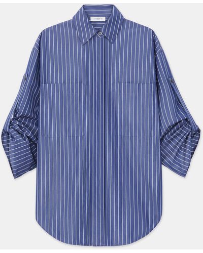 Lafayette 148 New York Pencil Stripe Tab Sleeve Shirt - Blue