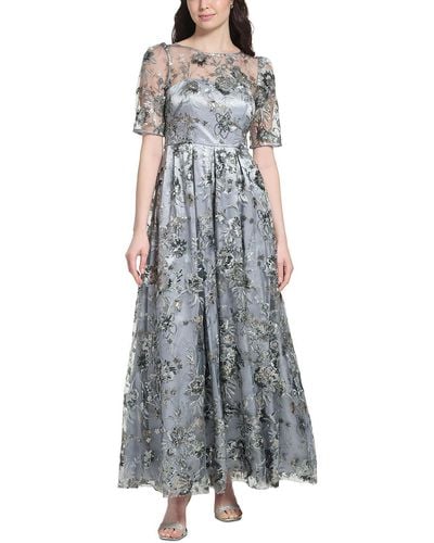 Eliza J Floral-embroidered Long Evening Dress - Gray