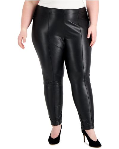 Anne Klein Plus Faux Leather Mid Rise Skinny Pants - Black