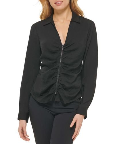 DKNY Ruched Front Zipper Blouse - Black