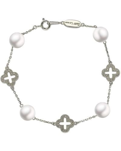 Suzy Levian Sterling Silver Clover White Sapphire And Cultured Pearl Bracelet - Blue