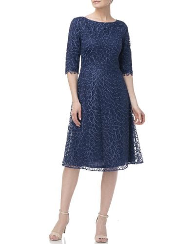 JS Collections Sophia Embroidered Midi Cocktail And Party Dress - Blue