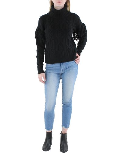 Lauren by Ralph Lauren Wool Fringe Shoulders Turtleneck Sweater - Black