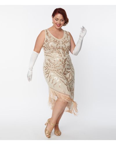 Unique Vintage Plus Size 1920s Beige Beaded Asymmetrical Fringe Flapper Dress - White