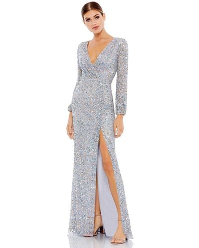 Mac Duggal Sequined Faux Wrap Bishop Sleeve Gown - White