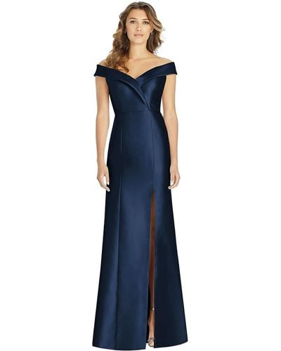 Alfred Sung Off-the-shoulder Cuff Trumpet Gown With Front Slit - Blue