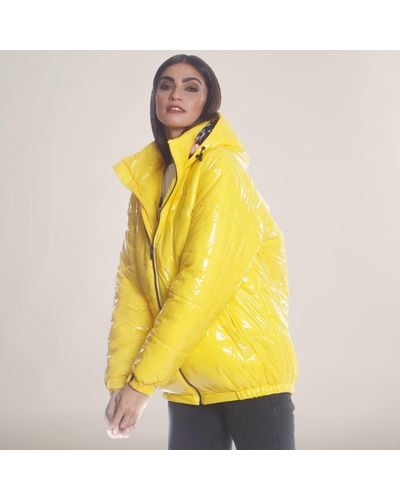 Members Only Hi-shine Chevron Quilt Puffer With Nickelodeon Mashup Print Lining Jacket - Yellow