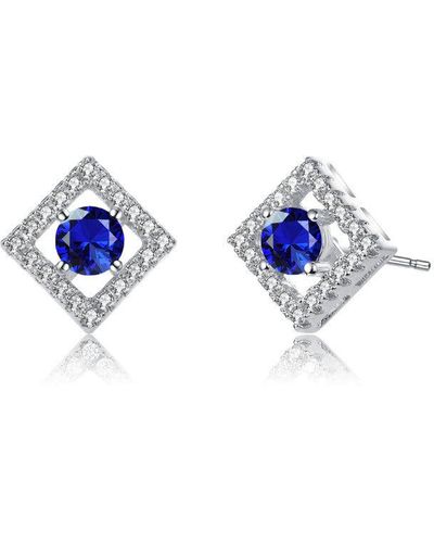 Rachel Glauber Genevive Stylish White Gold Plated Halo Stud Earrings - Blue