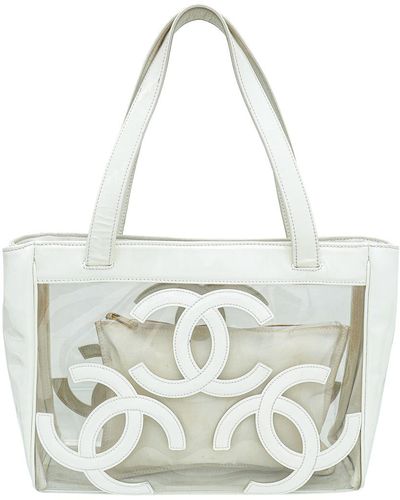Chanel Cc Vinyl Logo Beach Tote Bag - White