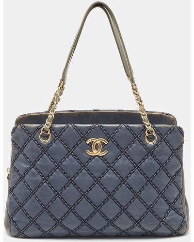Chanel Quilted Wild Stitched Leather Chain Tote - Blue
