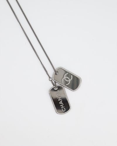 Chanel 2020 Gunmetal Long Necklace With Army Dog Tag With Crystals - White