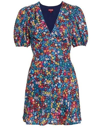 STAUD Milla Mini Rainbow Flower Market Puffed Sleeves Lined V-neck Dress - Black