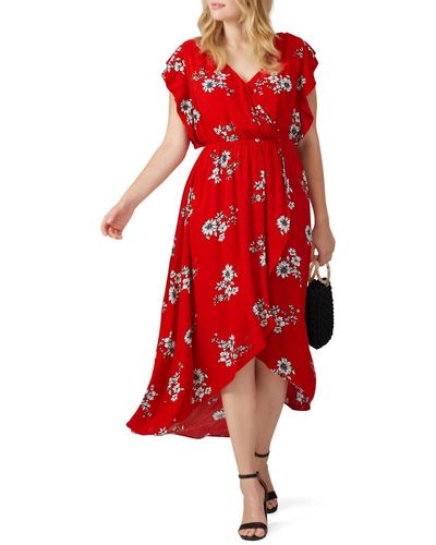 City Chic Floral Printed Wrap Midi - Red