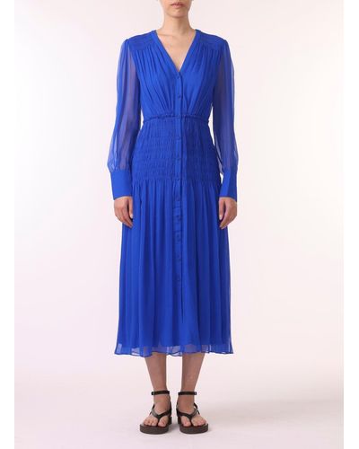 Jason Wu Long Sleeve V-neck Chiffon Dress W/smocking Detail - Blue