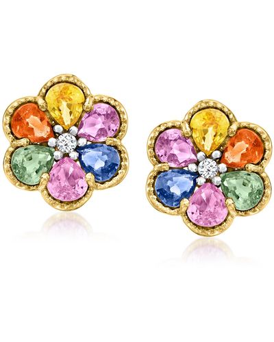 Ross-Simons Multicolored Sapphire Flower Earrings With Diamond Accents - Blue