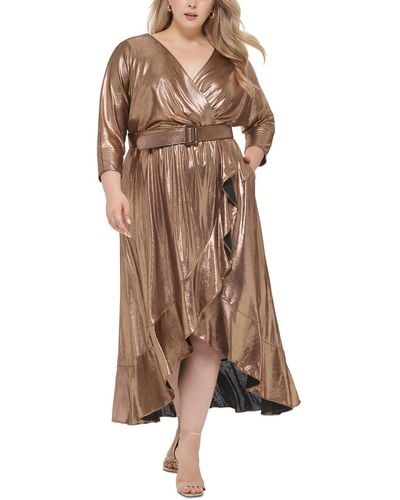 Eliza J Plus Metallic Belted Evening Dress - Brown