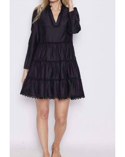 Sail To Sable Black Lace Trim Long Sleeve Tunic Flare Dress - Blue