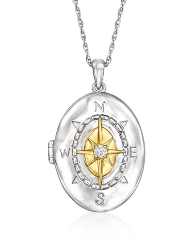 Ross-Simons Sterling And 18kt Gold Over Sterling Compass Locket Necklace With Diamond Accent - Metallic