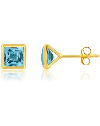 Nicole Miller Sterling Silver And 14k Yellow Gold Plated Princess Cut 6mm Gemstone Square Stud Earrings - Blue