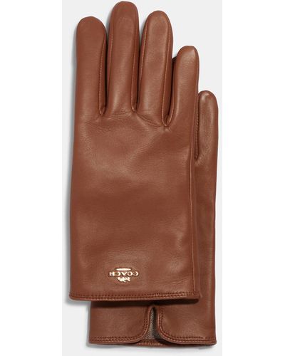 COACH Coach Plaque Leather Tech Gloves - Brown