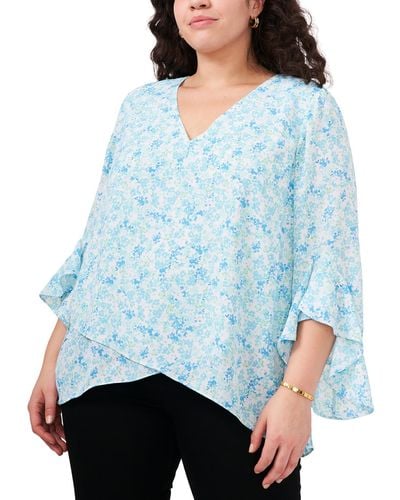 Vince Camuto Plus Floral Print Butterfly Sleeve Blouse - Blue