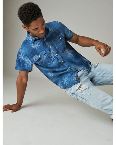 Lucky Brand Indigo Palm Print Workwear Short Sleeve Shirt - Blue
