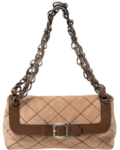 Moschino /brown Suede And Leather Buckle Flap Shoulder Bag