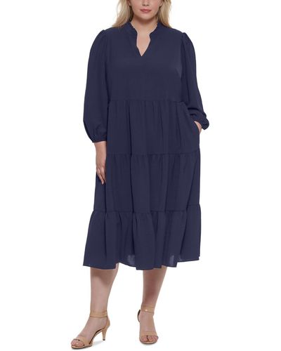 Jessica Howard Plus Tiered Split Neck Midi Dress - Blue