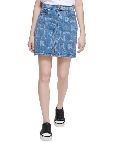 Karl Lagerfeld Logo Printed Front Zipper Mini Skirt - Blue