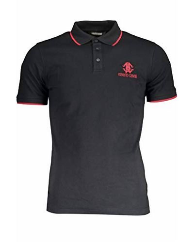 Roberto Cavalli Men Red Trim Logo Stretch Cotton Short Sleeve Polo T-shirt - Black