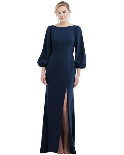 Dessy Collection Bishop Sleeve Open-back Trumpet Gown With Scarf Tie - Blue