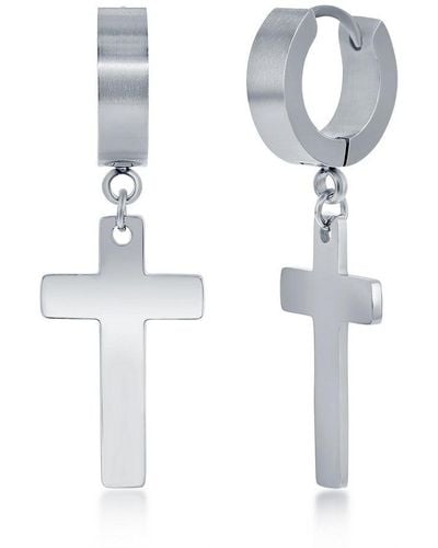 Black Jack Jewelry Stainless Steel Cross Charm Polished huggie Hoop Earrings - White
