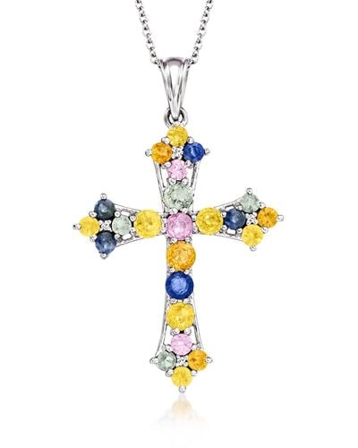 Ross-Simons Multicolored Sapphire Cross Pendant Necklace With White Topaz Accents - Metallic