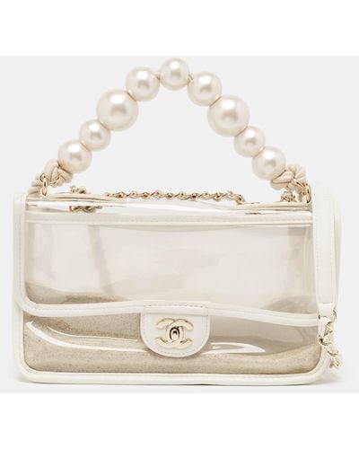 Chanel Pvc And Leather Sand By The Sea Flap With Pearl Strap Bag - White