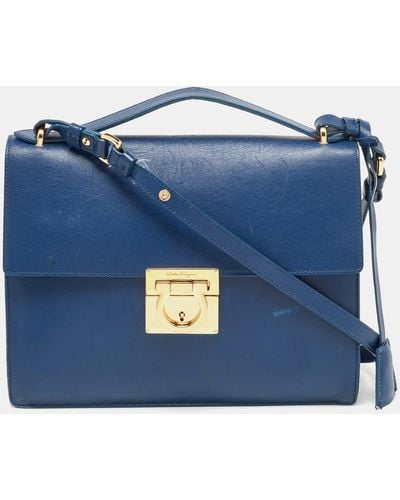 Ferragamo Navy Leather Gancio Lock Shoulder Bag - Blue