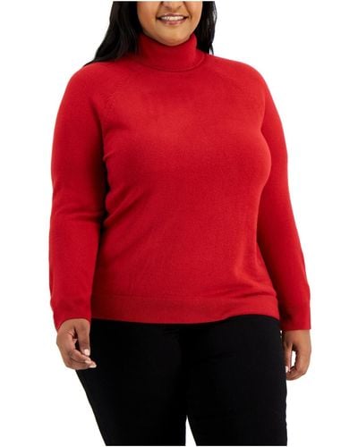 Karen Scott Plus Ribbed Trim Cozy Turtleneck Sweater - Red