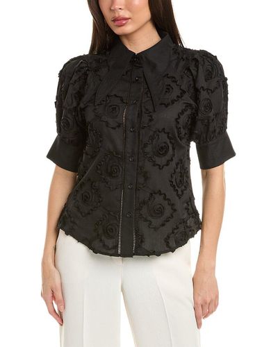 Gracia Flower Design Wing Collar Button-down Shirt - Black