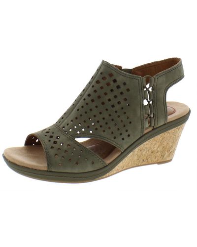 Cobb Hill Janna Side Bungee Ankle Strap Perforated Wedge Sandals - Green