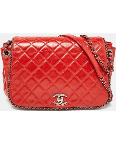 Chanel Quilted Aged Leather Chain Around Accordion Flap Bag - Red