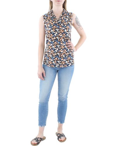 Anne Klein Plus Pleated Neck Floral Pullover Top - Blue