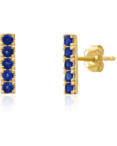 MAX + STONE 14k Yellow Gold Small 2mm Gemstone Bar Stud Earrings - Blue