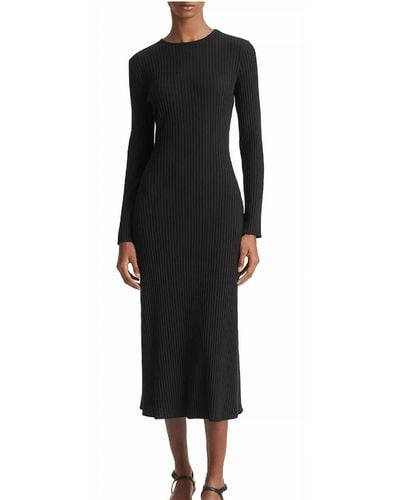 Vince Ribbed Knit Long Sleeve Crew Neck Sweater Dress - Black